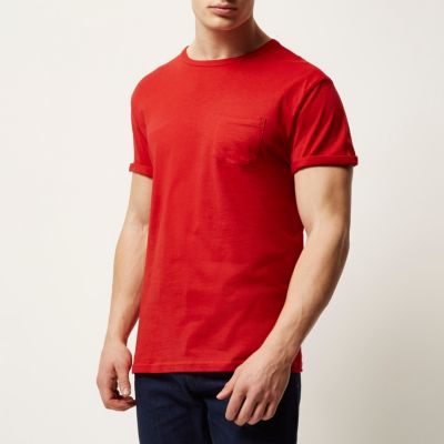 Red plain chest pocket t-shirt
